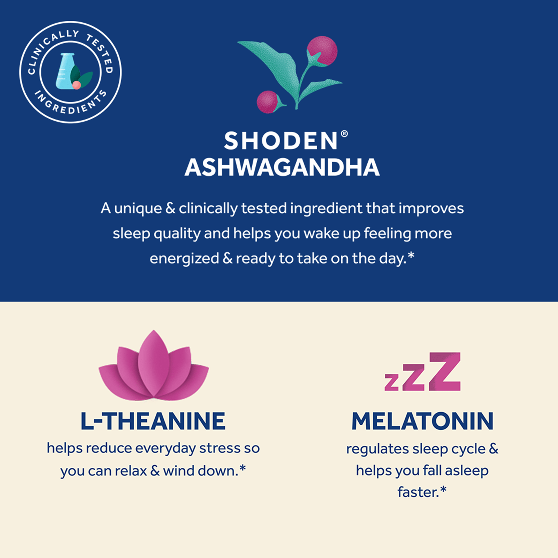 Clinically tested ingredients include Shoden Ashwagandha, L-Theanine and Melatonin