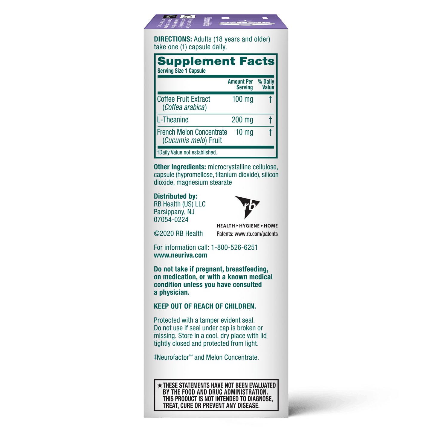 Neuriva Brain Health De-Stress Supplement facts 