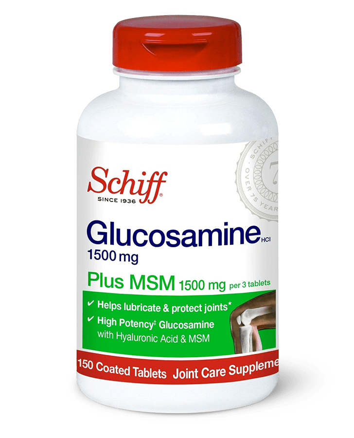 A bottle of Schiff Glucosamine Tablets, 150 coated pills